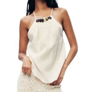 NWT Zara Ecru Linen Embellished Stone Halter Tank Top - S